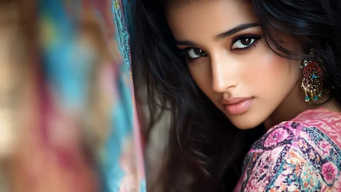 Portrait of a woman in vivid patterned shawl gazing intently.