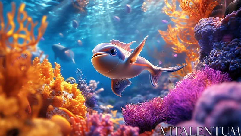 Playful fantasy fish glides through radiant coral reef seascape.