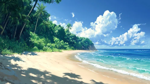 Tropical Coastline with Verdant Canopy, Turquoise Waters, Cumulus Formations