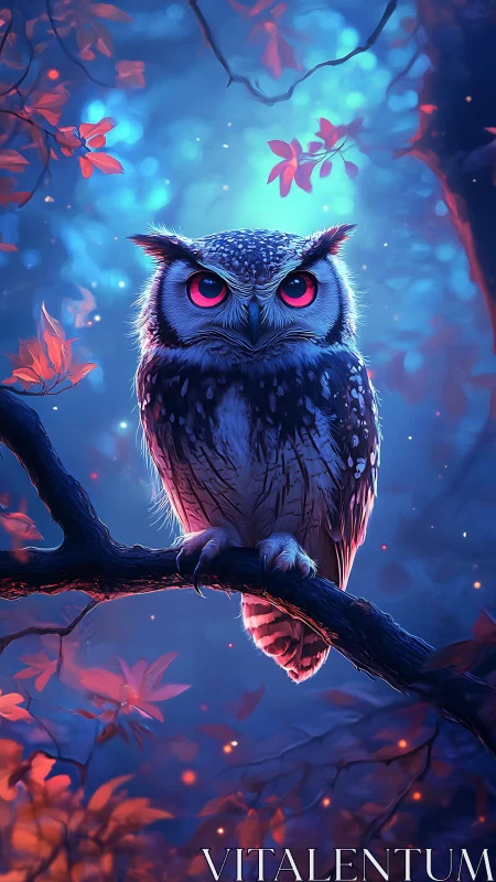 Midnight oracle owl glows in neon forest hush.