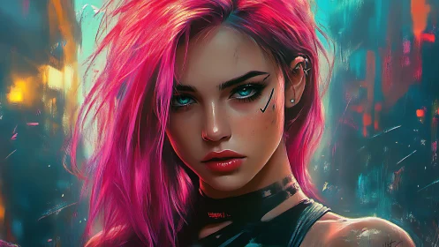 Neon rebel girl ignites a cyberpunk nightscape with fire.