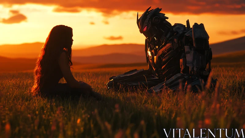 Sunset conversation between girl and robot in quiet meadow.