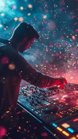 DJ at illuminated mixing console manipulates controls amid sparks