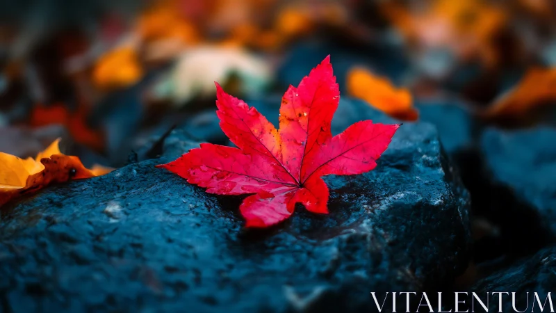 Red maple leaf on wet dark stones in shallow focus view.