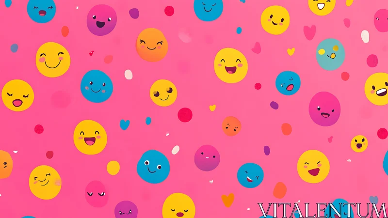 Multicolored emoji faces scattered on uniform pink background.