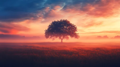 Solitary tree stands in misty field under saturated sunrise