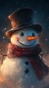 Cheerful snowman portrait with glowing winter bokeh background.