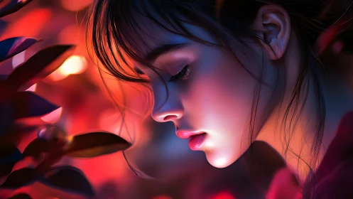 Neon dusk kisses a quiet profile wrapped in soft bokeh glow