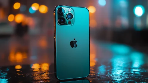 Turquoise iPhone Pro gleaming amid neon-kissed urban bokeh.