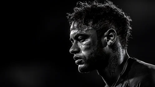 High-contrast monochrome portrait of perspiring athlete profile.