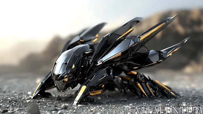 Sleek black robotic insect crouched on rocky ground.