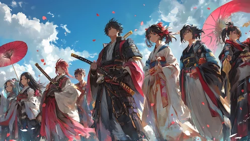 Anime samurai ensemble under dynamic sky with falling petals.