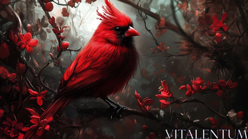 Vibrant Red Cardinal Perched in Enchanted Forest, Digital Art Style.