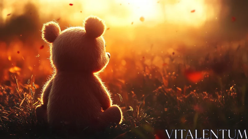 Plush bear silhouette sits in backlit field at sunset