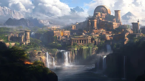 Digital rendering shows terraced citadel above segmented falls