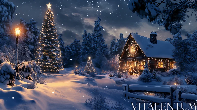 Cozy winter cabin glowing with soft Christmas tree lights.