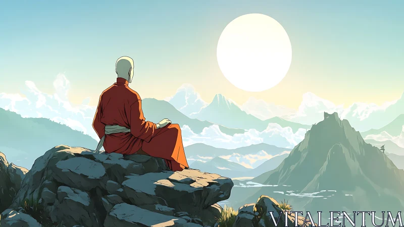 Solitary monk meditating on sunlit alpine summit horizon.