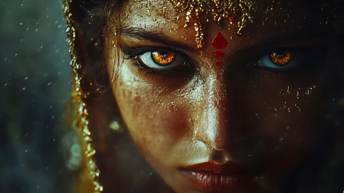 Intense close-up portrait renders molten ember-gold eyes in focus