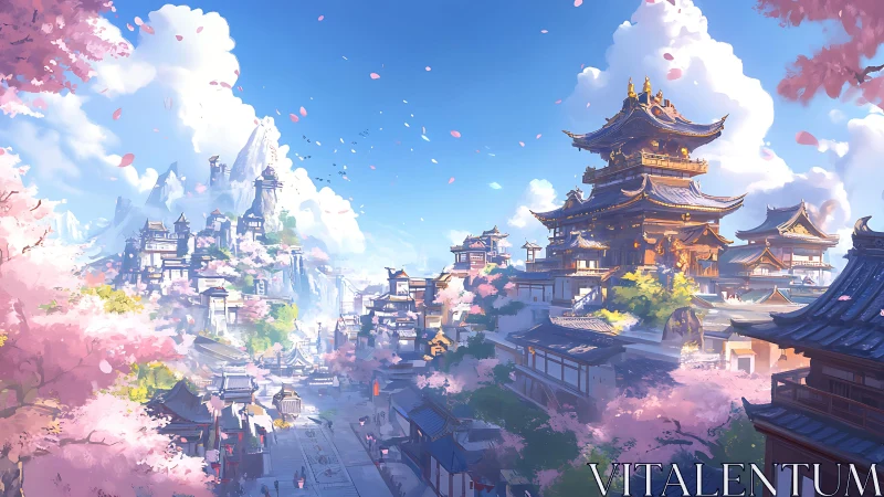 Blossom-dusted sky temples crown a radiant mountain city.