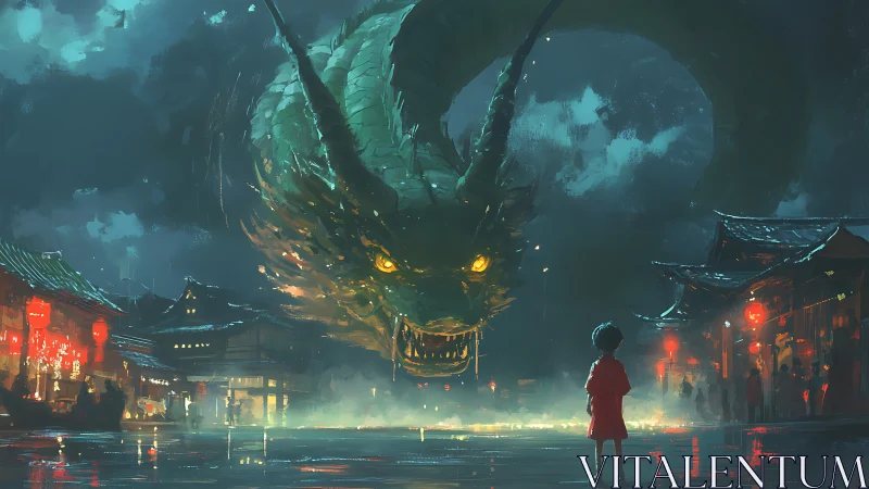 Child confronts colossal dragon above misty lantern street.