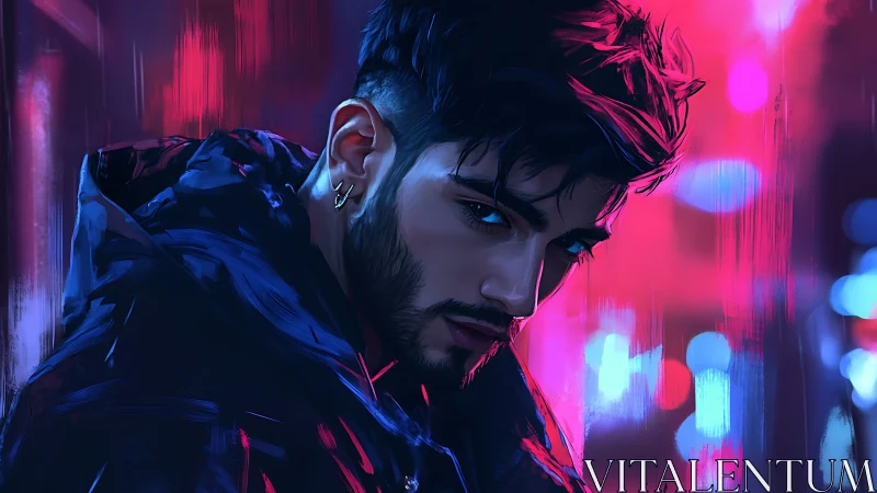 Brooding man in neon city with intense side gaze.