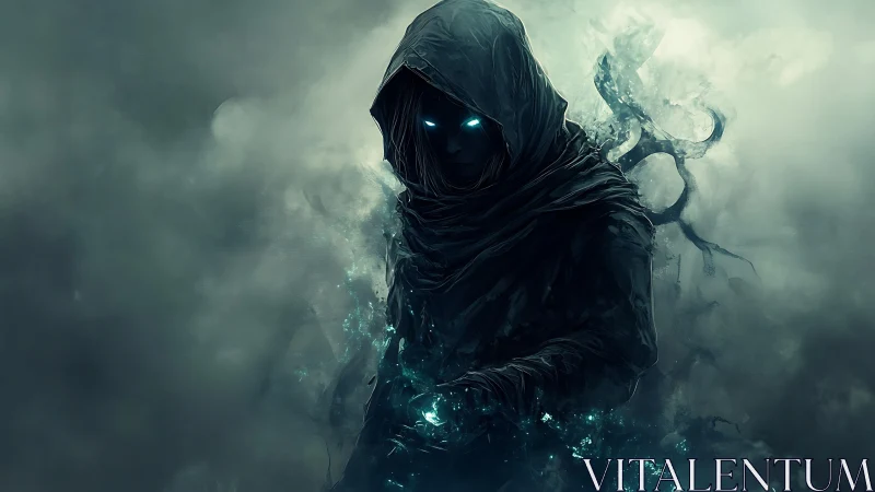 Hooded spectral mage with cyan bioluminescent magic aura