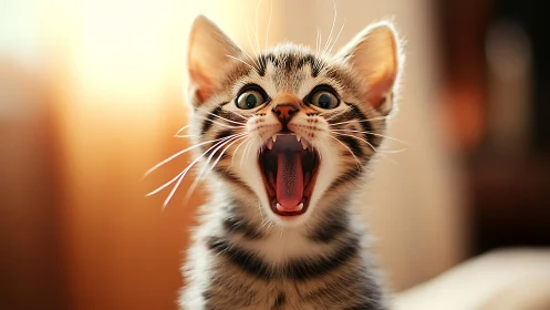 Photorealistic tabby kitten yawning with warm bokeh light.