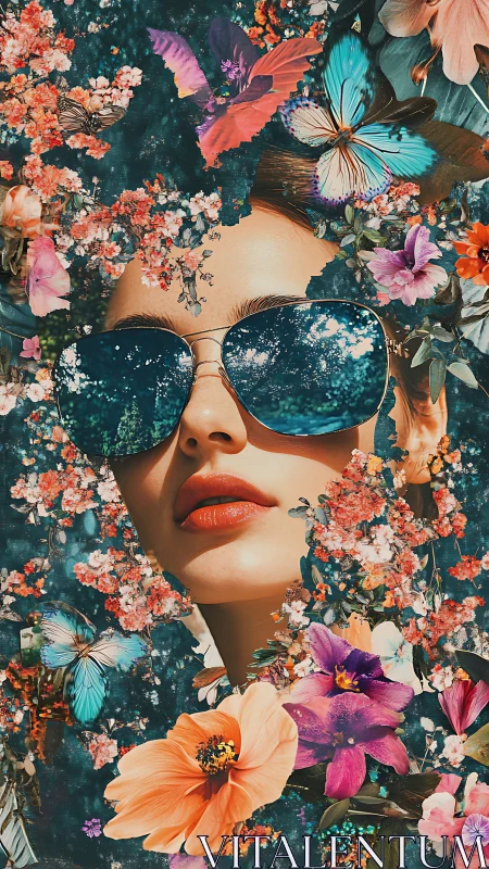 Dreamy woman in mirrored shades blooms in a garden of color