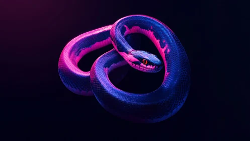 Neon-lit coiled serpent rendered in high-contrast digital lighting