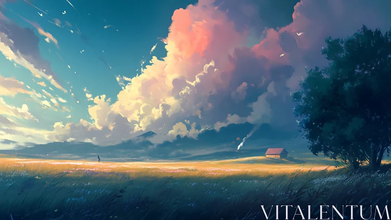 Atmospheric rural fieldscape with volumetric sunset clouds.