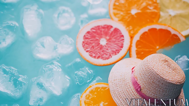 Citrus slices and sunhat beside shimmering ice pool.