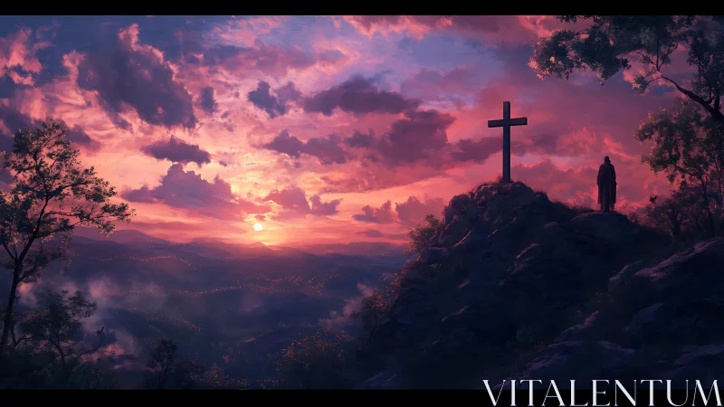 Crimson clouds cradle a lone cross above quiet valleys