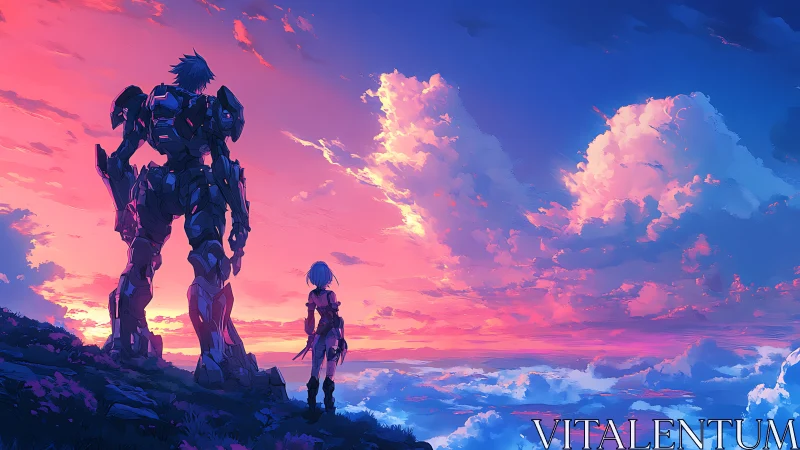Skyline guardians at sunset, girl and mech share quiet horizon.