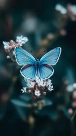 Blue butterfly rests on small white flowers in shallow focus