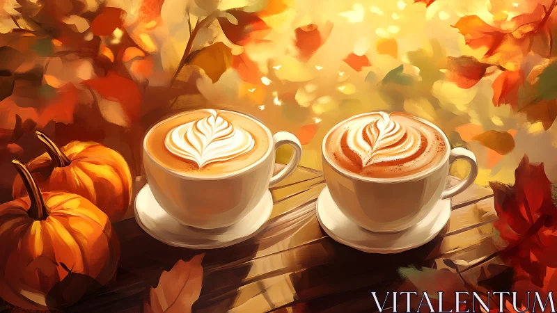 Autumnal latte art in warm bokeh foliage with pumpkin accents