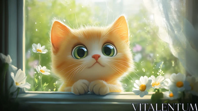 Luminous ginger cat observes daisies through sunlit window with bokeh atmosphere.
