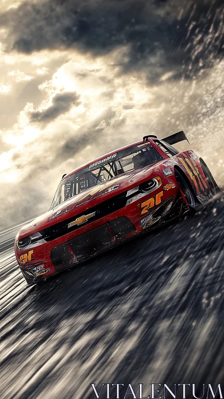 Red race car charging through dramatic stormy racetrack skies.