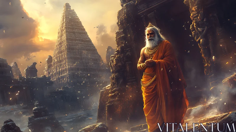 Ancient sage walks calmly through glowing temple ruins