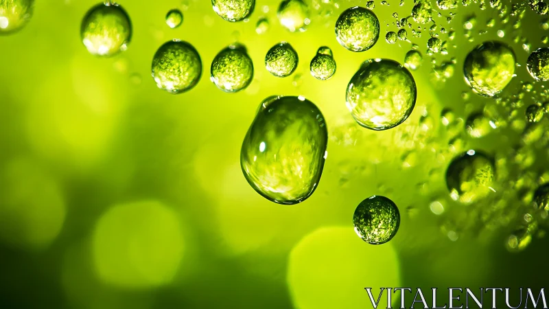 Emerald droplets drift like little planets in lush light