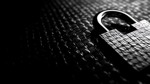 Textured metal padlock in dramatic low key lighting.