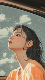 Celestial portrait in car window with soft pastel starlight.