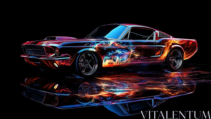 Classic fastback car with neon light trails on black background.