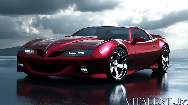 Crimson stormrunner coupe gliding across a mirrored horizon.