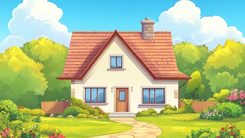 Cartoon house stands centered in landscaped green garden