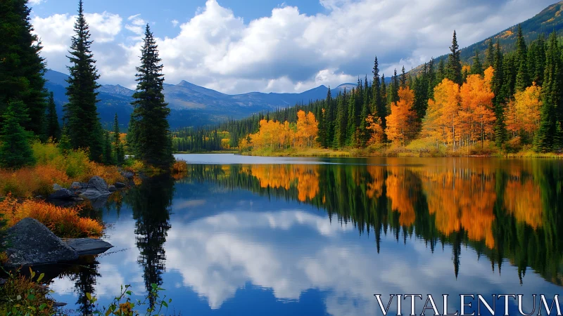 Mountain lake reflects dense evergreen and autumn trees clearly