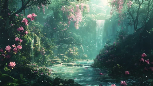 Lush forest waterfall flows into reflective flowered lagoon