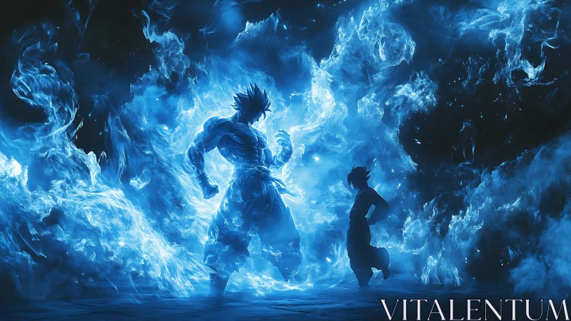 Two energy figures in blue flame aura confrontation scene.