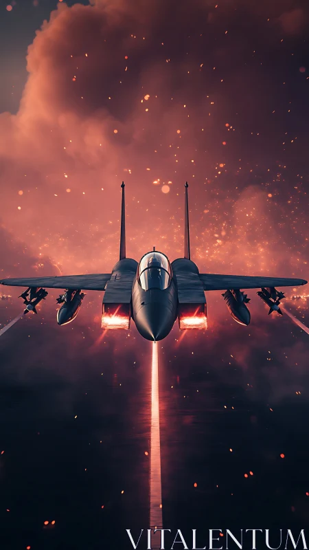 Stealth fighter jet ignites runway under ember-filled dusk sky.