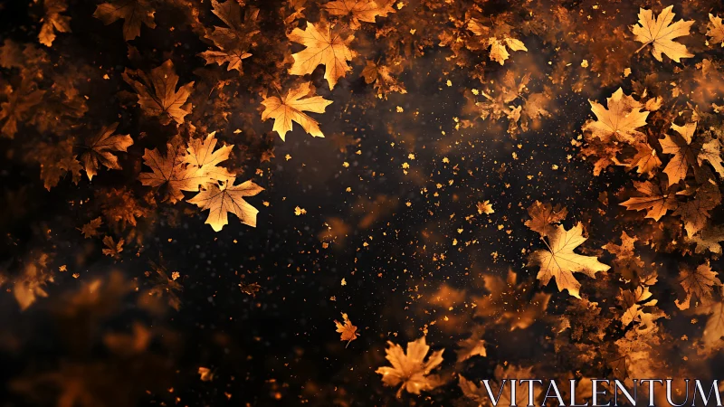 Golden autumn maple leaves scattered on dark background.