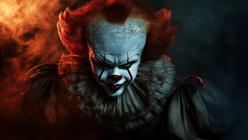 Sinister carnival visage smolders between fire and shadow